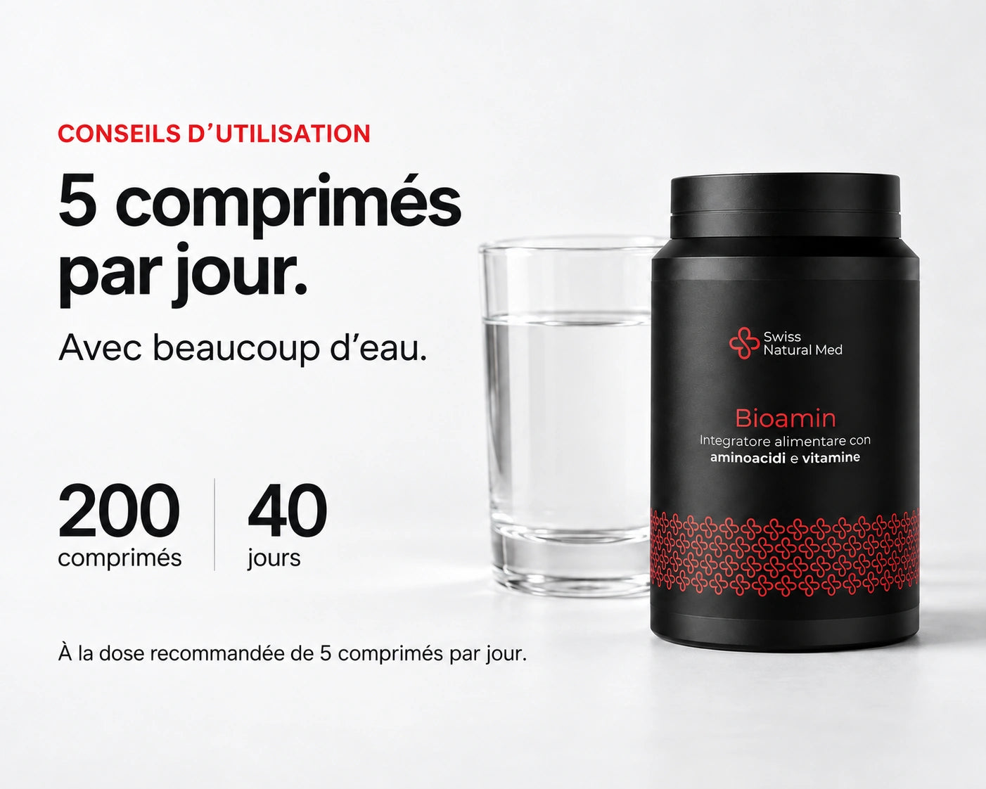 Bioamin : 5 comprimés par jour avec beaucoup d’eau. 200 comprimés, soit 40 jours à la dose recommandée.