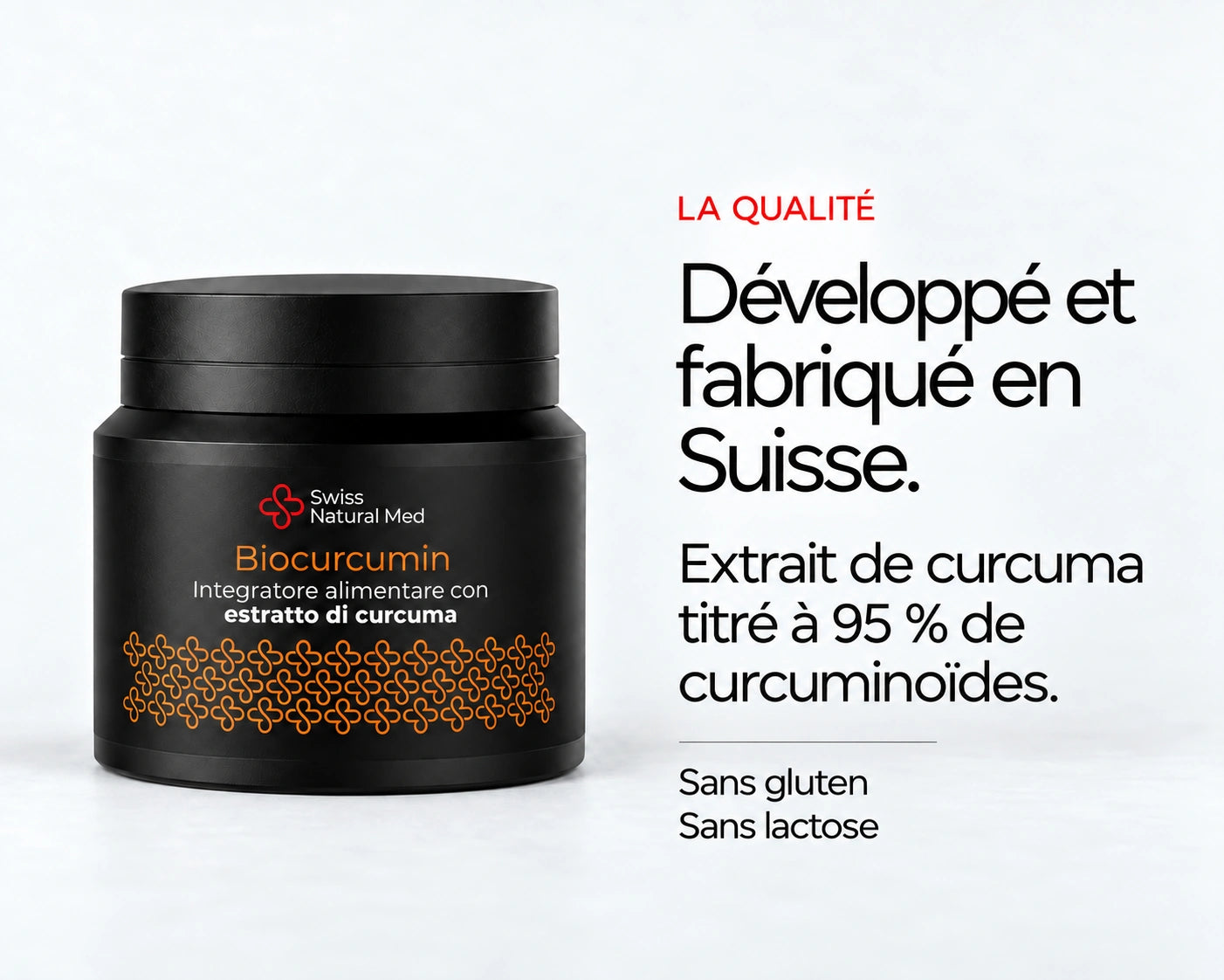 Biocurcumin : Développé et fabriqué en Suisse. Extrait de curcuma titré à 95 % de curcuminoïdes. Sans gluten Sans lactose
