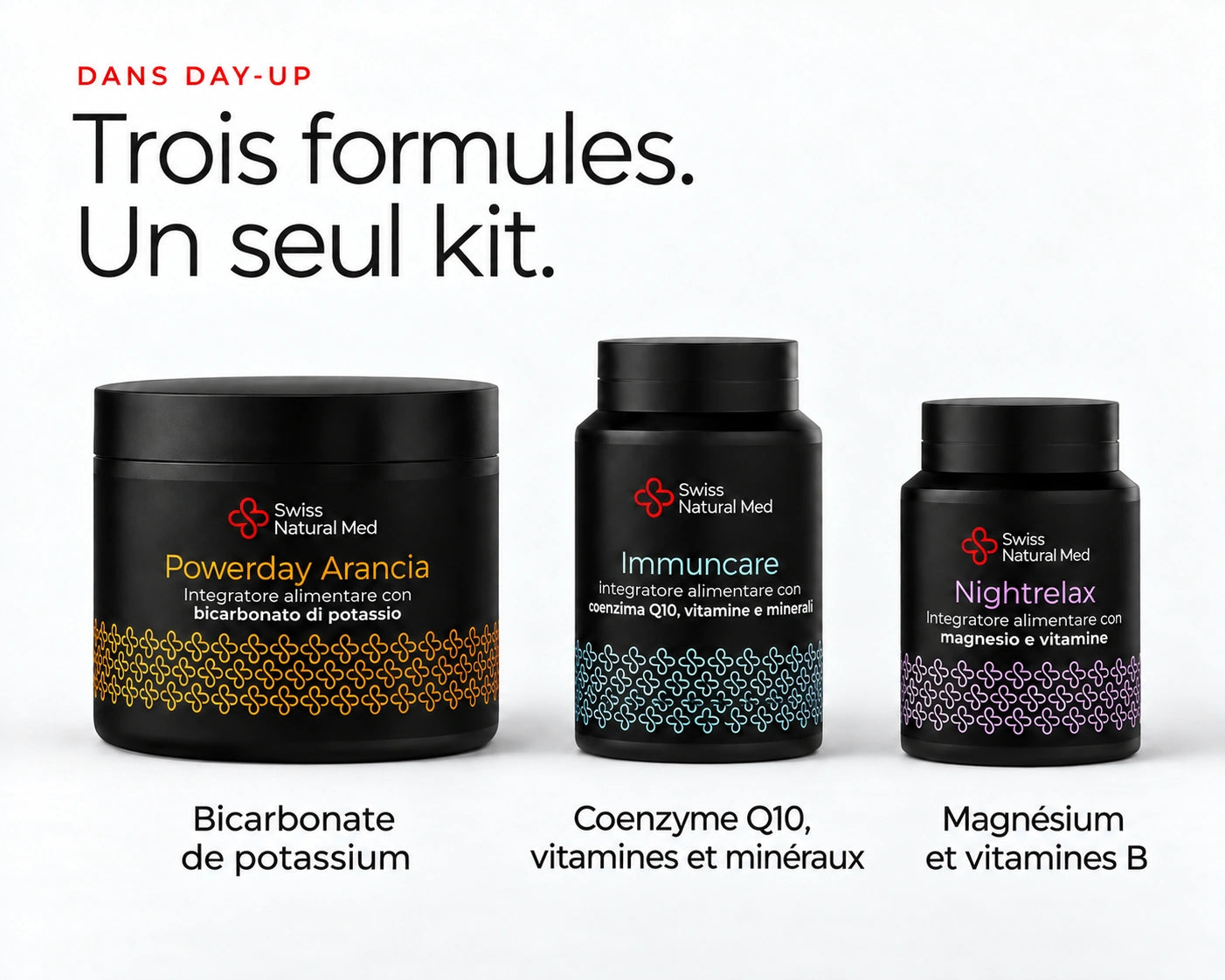 Day-Up : Trois formules. Un seul kit. Bicarbonate de potassium Coenzyme Q10, vitamines et minéraux Magnésium et vitamines B