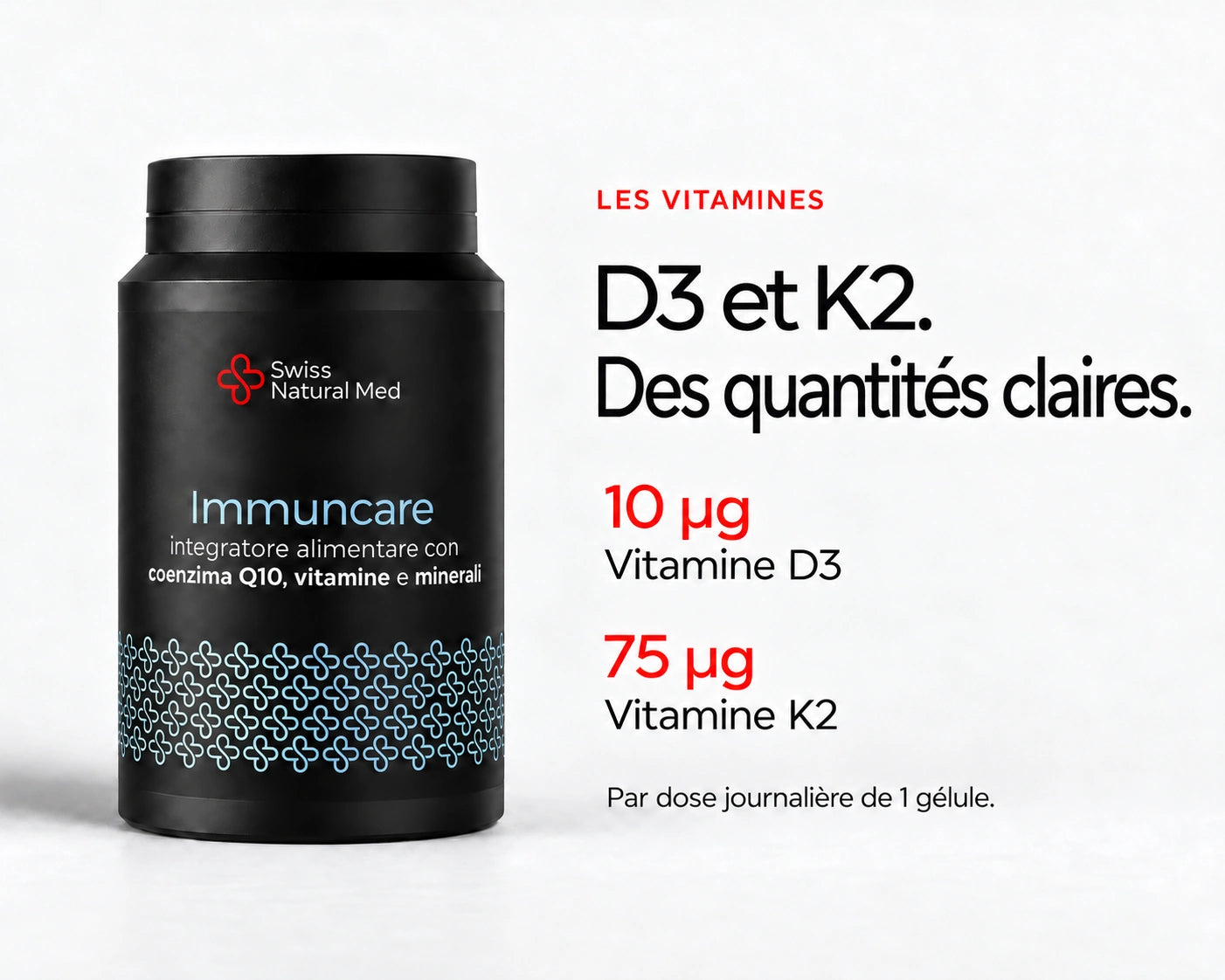 Immuncare : D3 et K2. Des quantités claires. 10 µg Vitamine D3 75 µg Vitamine K2 Par dose journalière de 1 gélule.