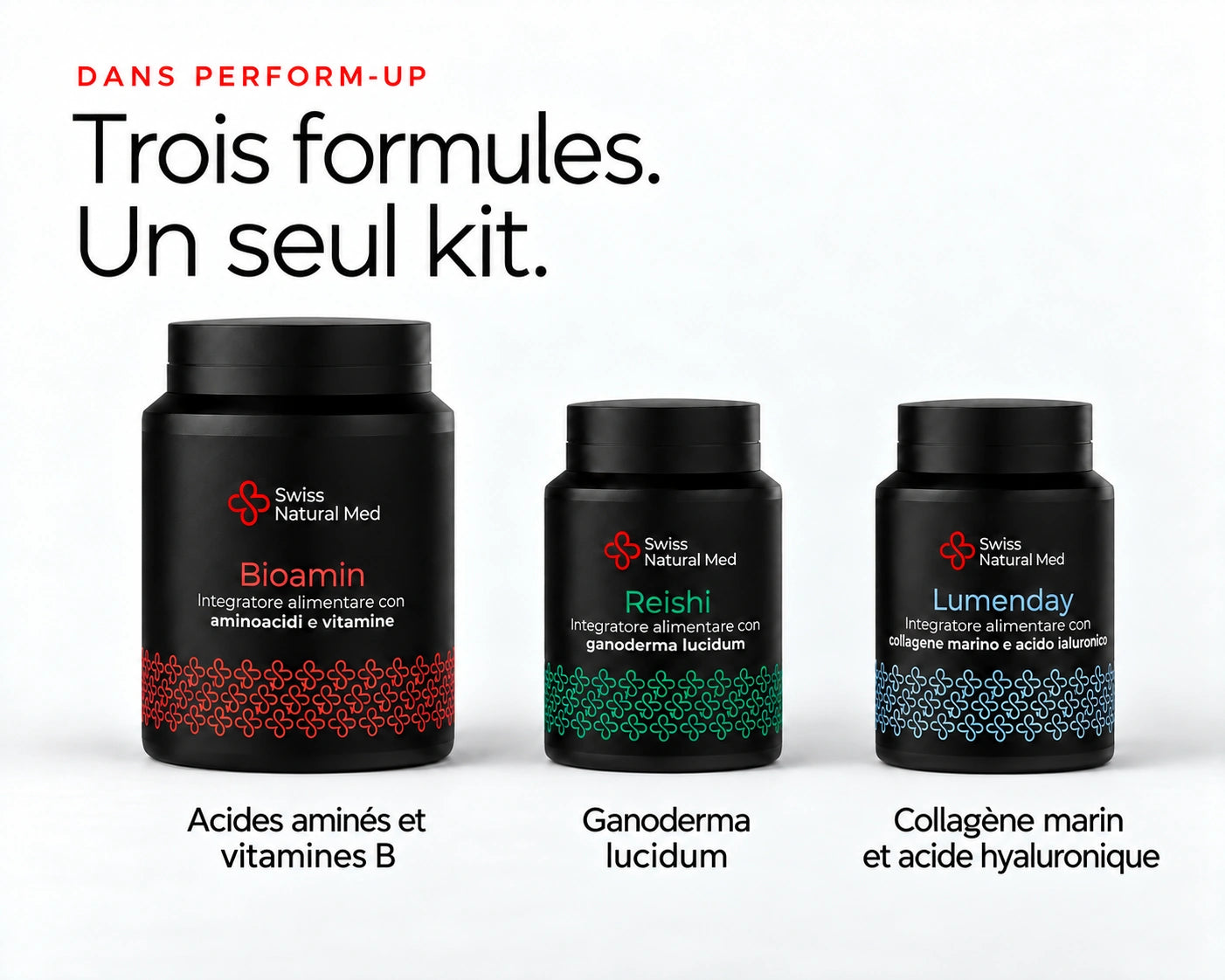 Perform-Up : Trois formules. Un seul kit. Acides aminés et vitamines B Ganoderma lucidum Collagène marin et acide hyaluronique