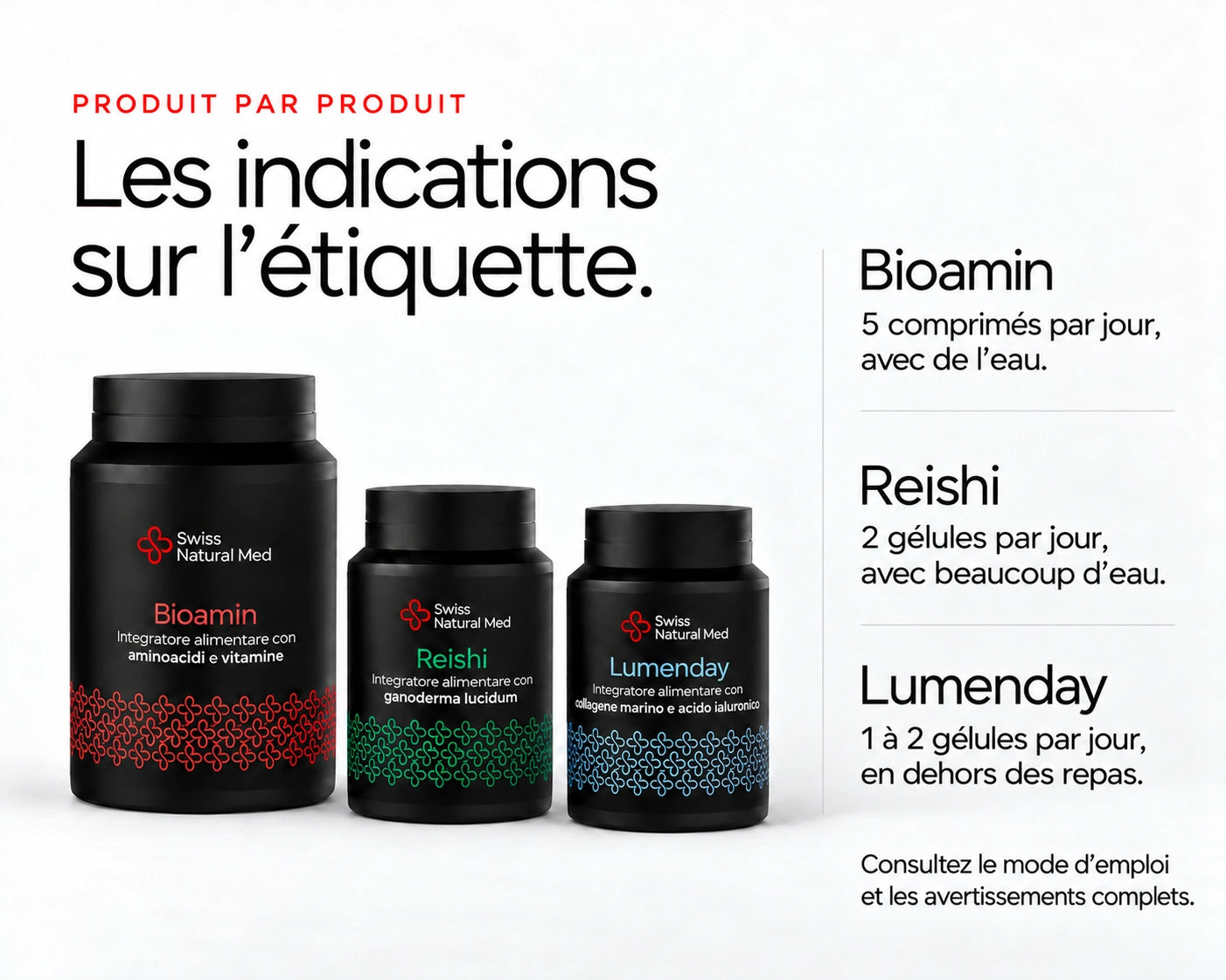 Perform-Up : Les indications sur l’étiquette. Bioamin 5 comprimés par jour, avec de l’eau. Reishi 2 gélules par jour, avec beaucoup d’eau. Lumenday 1 à 2 gélules par jour, en dehors des repas. Consultez le mode d’emploi et les avertissements complets.
