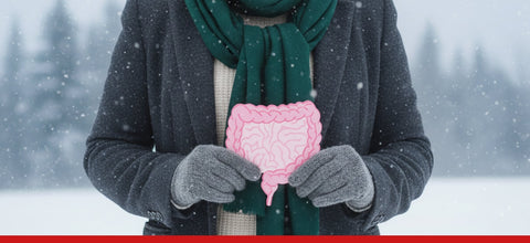 Persona con cappotto e sciarpa verde, guanti grigi, tiene in mano un modello rosa dell'intestino, in un paesaggio invernale nevoso.
