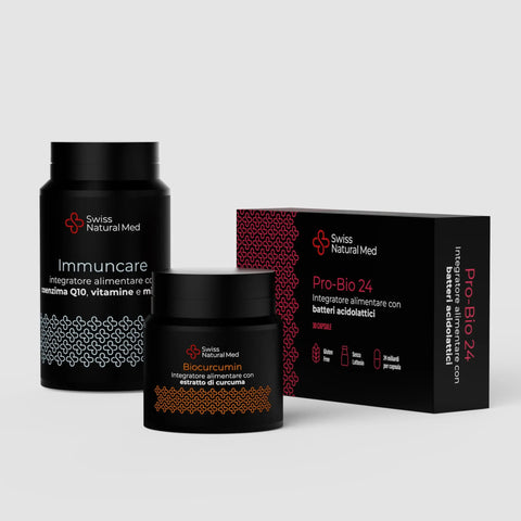 Kit Balance-Up Swiss Natural Med: Biocurcumin, Immuncare e Pro-Bio 24, integratori neri per benessere naturale.