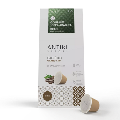 Confezione bianca Antiki Sapori di caffè 100% Arabica BIO Grand Cru, 20 capsule vegetali compatibili Nespresso.
