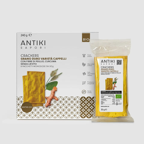 Crackers Antiki Sapori con curcuma e psillio, grano Cappelli, senza lievito, confezione bio da 240g.