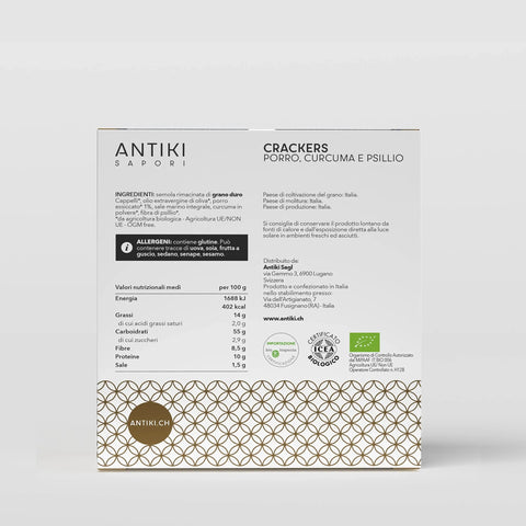 Confezione di crackers Antiki Saporì con porro, curcuma e psillio, ingredienti bio e qualità svizzera.