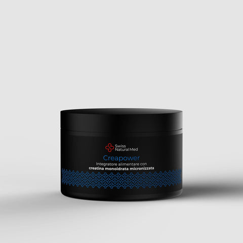 Barattolo nero opaco Creapower Swiss Natural Med, creatina monoidrata micronizzata, 200g.