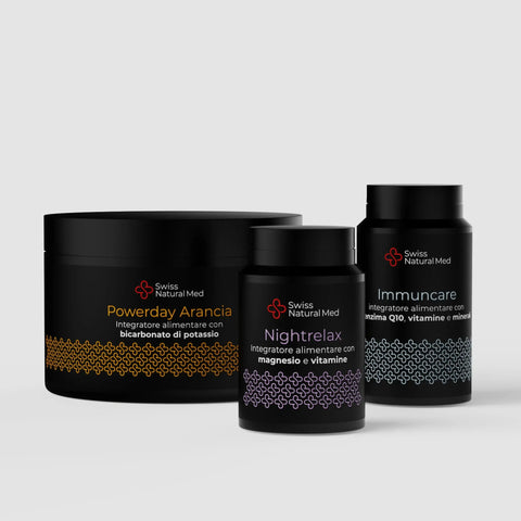 Kit Day-Up Swiss Natural Med: 3 integratori neri per metabolismo, stress e ritmo circadiano.