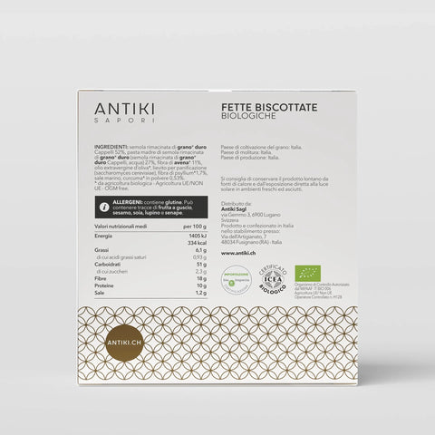 Confezione bianca di fette biscottate biologiche Antiki Sapori con dettagli nutrizionali e certificazioni.