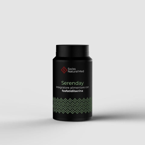 Flacone nero Swiss Natural Med Serenday con etichetta verde, integratore di fosfatidilserina per benessere naturale.