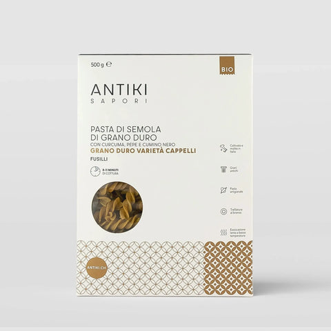 Confezione bianca e marrone di fusilli di grano duro Cappelli con curcuma e pepe nero, 500g, pasta artigianale svizzera.