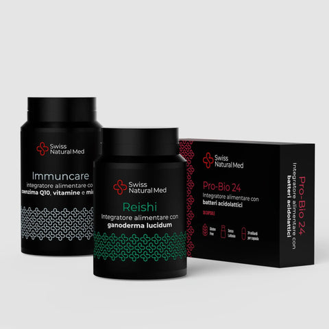 Kit Immun-Up Swiss Natural Med: 2 flaconi neri di Immuncare e Reishi, 1 scatola Pro-Bio 24.