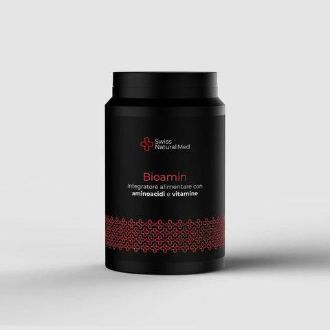 Flacone nero opaco di Bioamin Swiss Natural Med, integratore con aminoacidi e vitamine, design moderno.