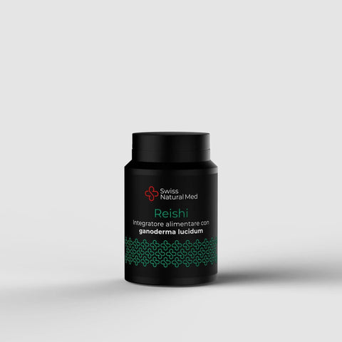 Flacone nero Swiss Natural Med Reishi, integratore alimentare con ganoderma lucidum, design verde.