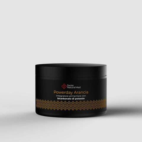 Barattolo nero Powerday Arancia 300g di Bicarbonato di Potassio micronizzato, qualità Swiss Natural Med.