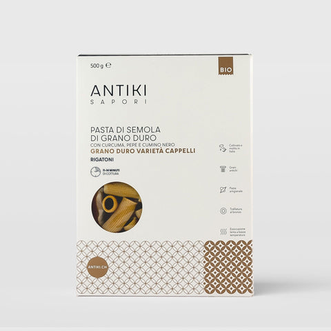Confezione bianca di rigatoni bio Antiki Sapori, grano duro Cappelli con curcuma e pepe nero, 500g.