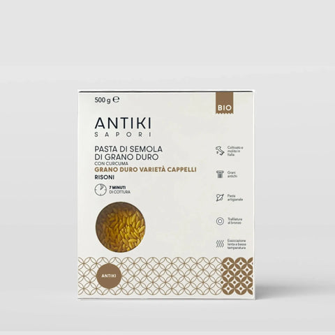 Confezione di risoni Cappelli bio con curcuma e pepe nero, pasta artigianale trafilata al bronzo, 500g.