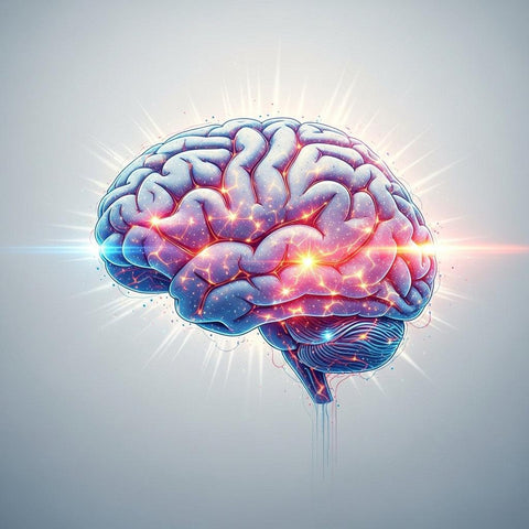 Cervello umano stilizzato con aree luminose rosse e blu, simbolo di attivazione e benessere cognitivo.