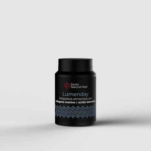 Flacone nero Swiss Natural Med Lumenday con collagene marino e acido ialuronico, design elegante.