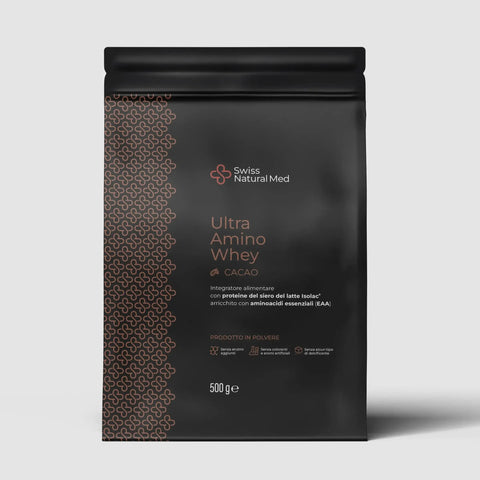 Confezione nera Swiss Natural Med Ultra Amino Whey Cacao 500g, proteine isolate bio-disponibili con EAA.