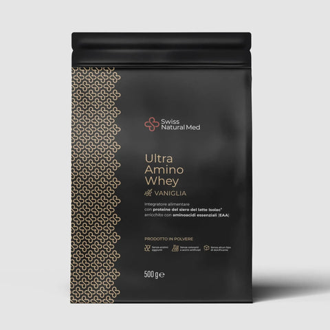 Busta nera Swiss Natural Med Ultra Amino Whey Vaniglia 500g con proteine isolate e aminoacidi essenziali.