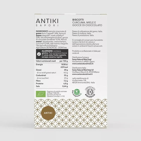 Etichetta bianca e verde di biscotti Antiki Sapori con ingredienti, valori nutrizionali e certificazioni bio.