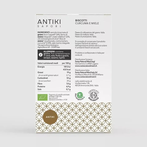 Confezione bianca di Biscotti Antiki Sapori con curcuma e miele, ingredienti bio e certificato biologico.