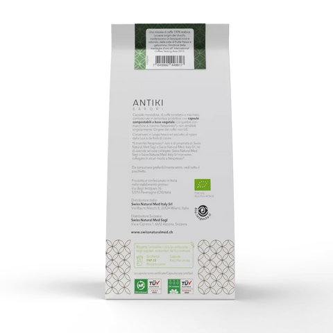 Confezione verde e bianca di capsule caffè biologico 100% Arabica, vegetali e compostabili, con logo Antiki Sapori.