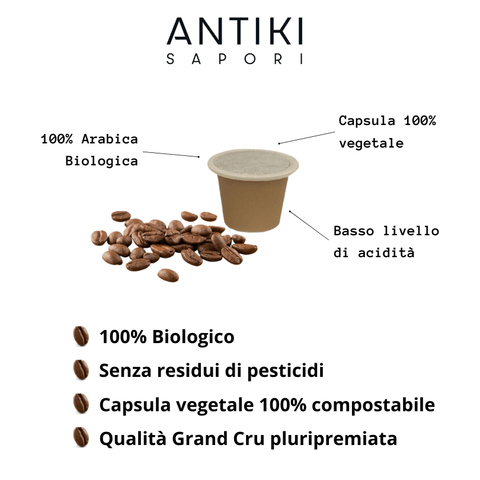 Capsula caffè 100% Arabica biologica, vegetale e compostabile, con chicchi di caffè.