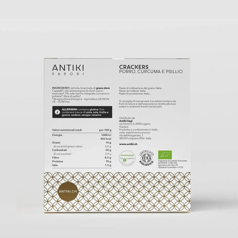 Confezione di crackers Antiki Saporì con porro, curcuma e psillio, ingredienti bio e qualità svizzera.