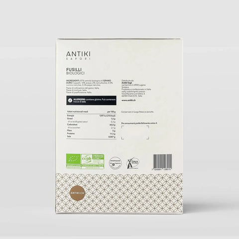 Confezione bianca di fusilli biologici Antiki Saporì con etichette nutrizionali e codice a barre.