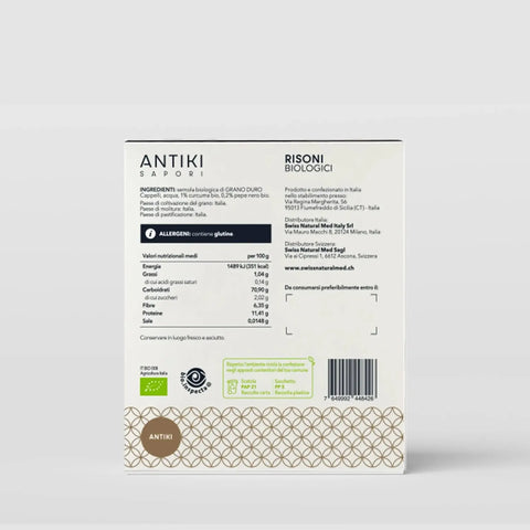 Confezione di risoni biologici Antiki Saporì con curcuma e pepe nero, dettagli nutrizionali e certificazioni.