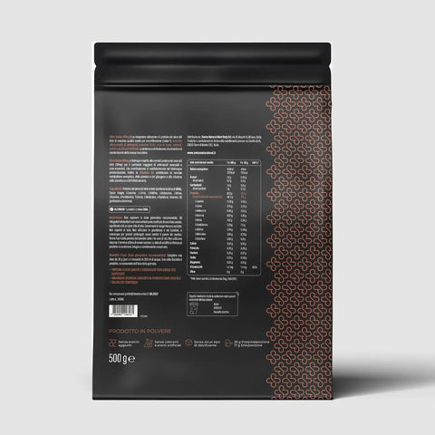 Busta marrone scuro di Ultra Amino Whey Cacao 500g, proteine e aminoacidi naturali svizzeri.