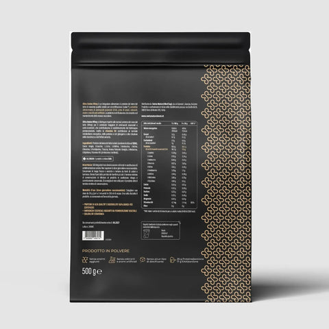 Busta nera di Ultra Amino Whey Vaniglia 500g, proteine Grass-Fed con formula SNM® e vitamine B, design svizzero.