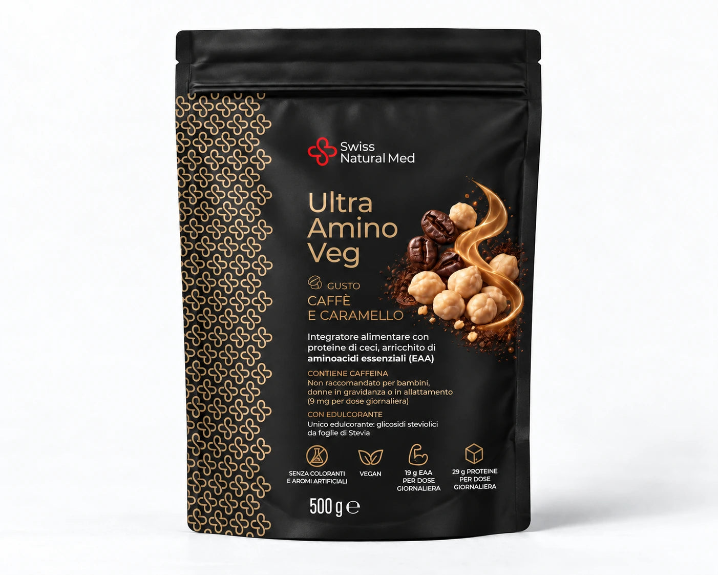 Ultra Amino Veg Caffè e Caramello Swiss Natural Med, confezione da 500 g.