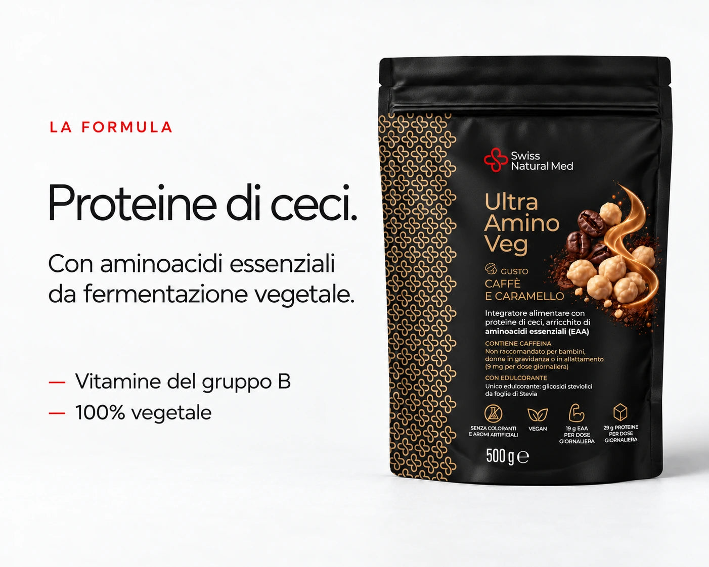 Ultra Amino Veg: proteine di ceci, aminoacidi da fermentazione vegetale e vitamine B.