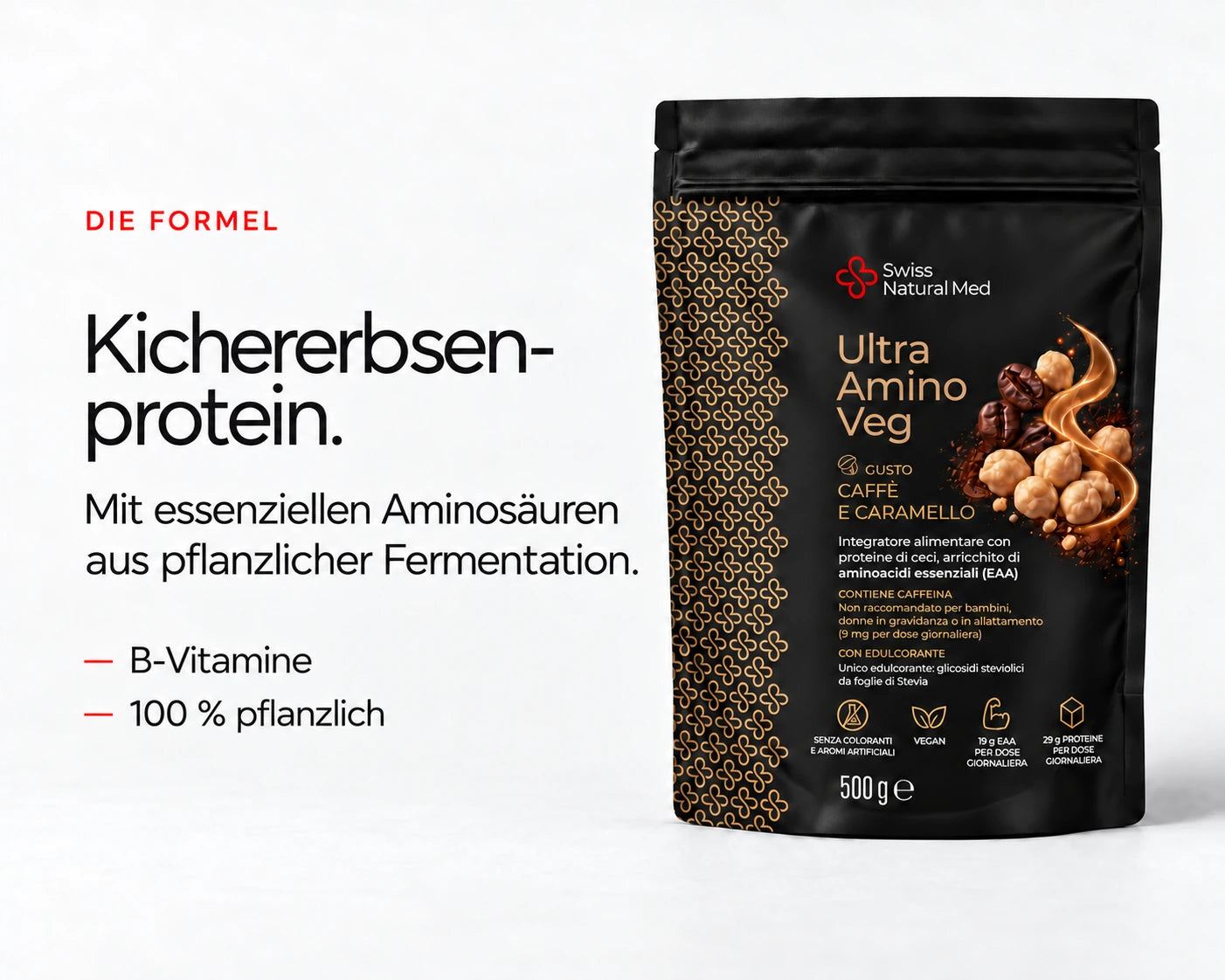 Ultra Amino Veg: Kichererbsenprotein, essenzielle Aminosäuren aus pflanzlicher Fermentation und B-Vitamine.