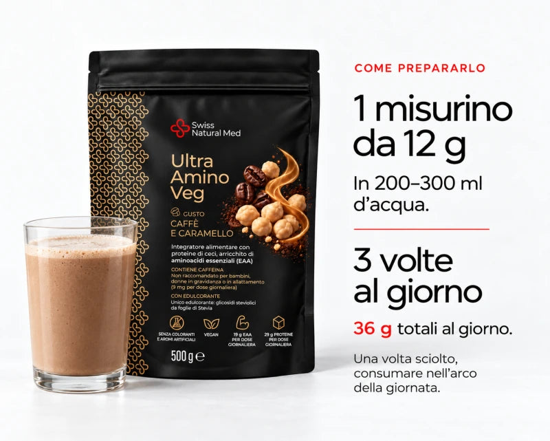 Ultra Amino Veg: 12 g in 200–300 ml d’acqua, 3 volte al giorno, 36 g giornalieri.