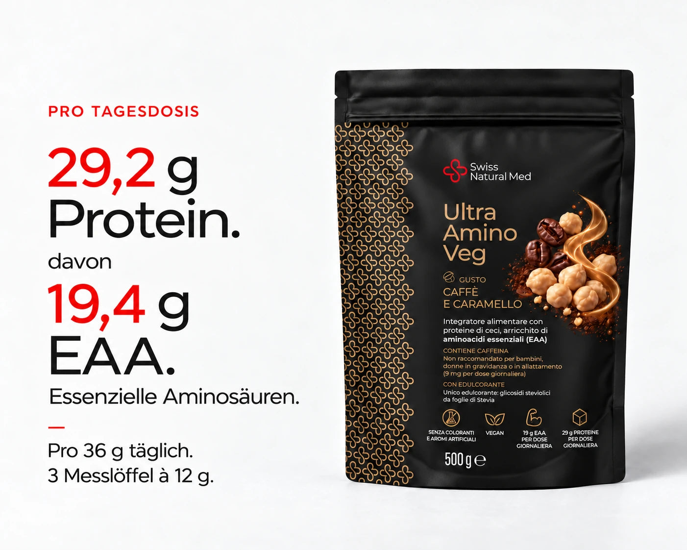 Ultra Amino Veg: 29,2 g Protein, davon 19,4 g essenzielle Aminosäuren, pro Tagesportion von 36 g.