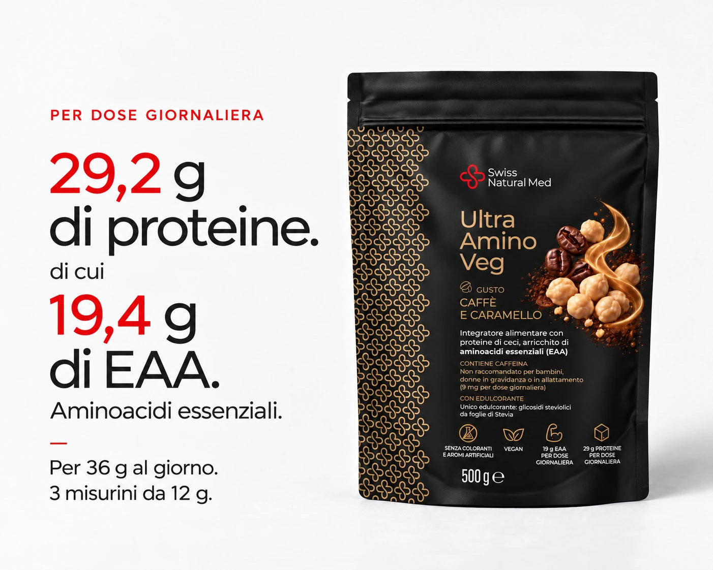 Ultra Amino Veg: 29,2 g di proteine, di cui 19,4 g di EAA, per dose giornaliera da 36 g.