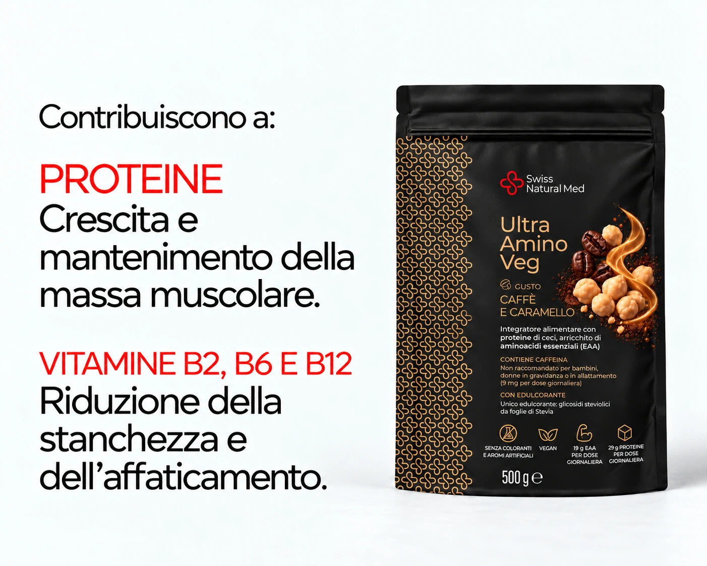 Ultra Amino Veg: le proteine contribuiscono alla crescita e al mantenimento della massa muscolare; le vitamine B2, B6 e B12 contribuiscono alla riduzione della stanchezza e dell’affaticamento.