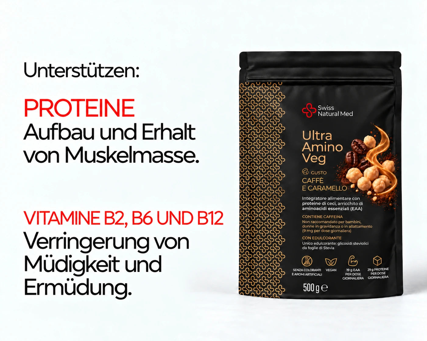 Ultra Amino Veg: Unterstützen: PROTEINE Aufbau und Erhalt von Muskelmasse. VITAMINE B2, B6 UND B12 Verringerung von Müdigkeit und Ermüdung.