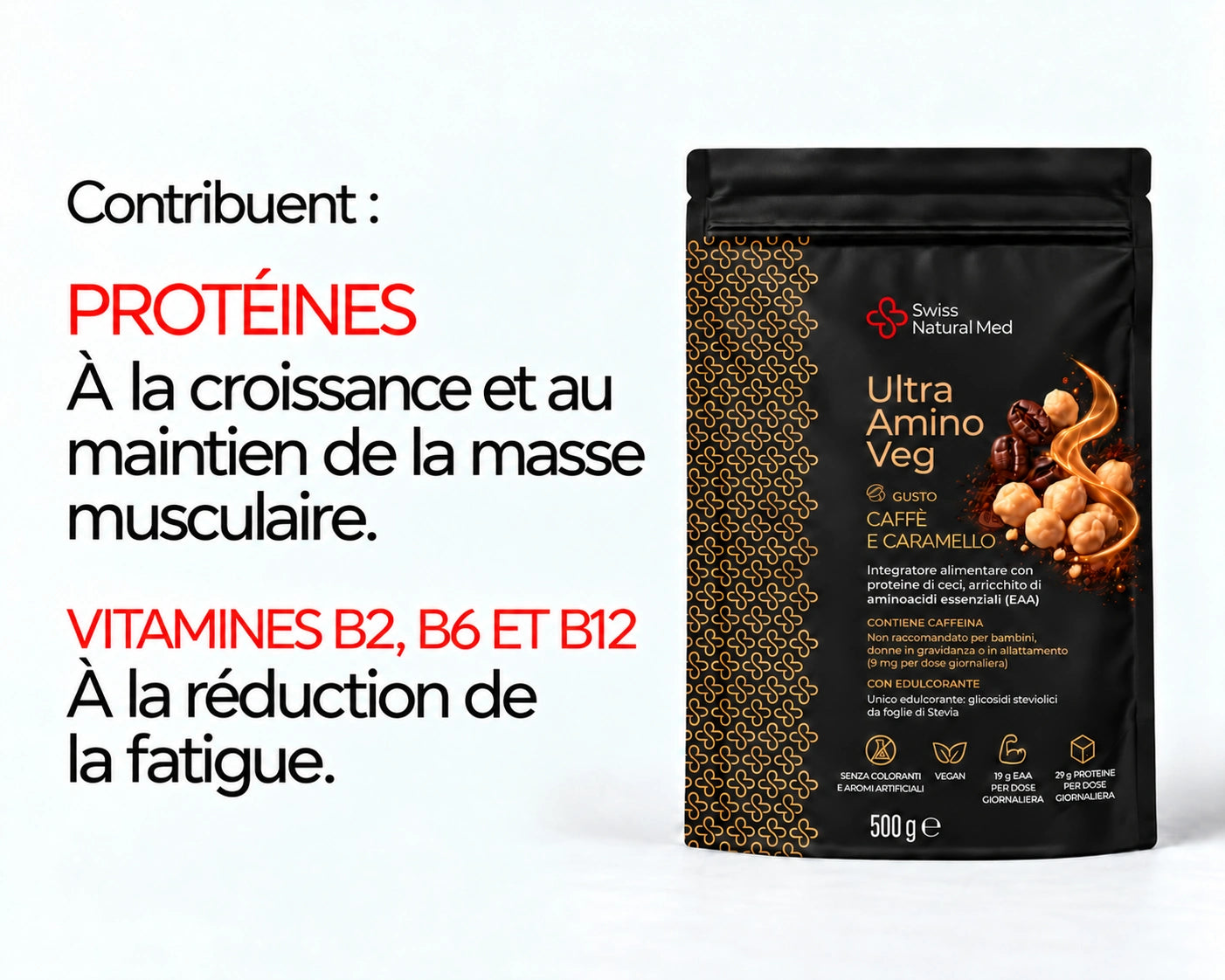 Ultra Amino Veg : les protéines contribuent à la croissance et au maintien de la masse musculaire. Les vitamines B2, B6 et B12 contribuent à la réduction de la fatigue.