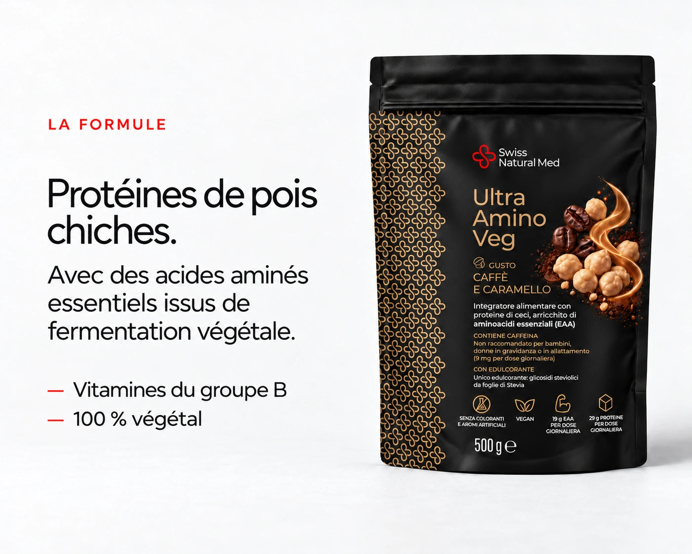 Ultra Amino Veg : Protéines de pois chiches. Avec des acides aminés essentiels issus de fermentation végétale. Vitamines du groupe B 100 % végétal