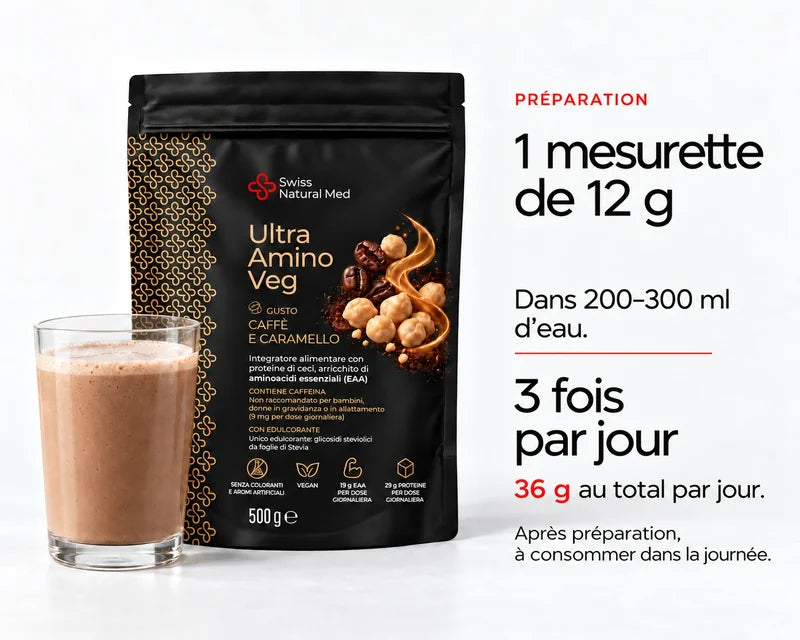 Ultra Amino Veg : 1 mesurette de 12 g Dans 200–300 ml d’eau. 3 fois par jour 36 g au total par jour. Après préparation, à consommer dans la journée.