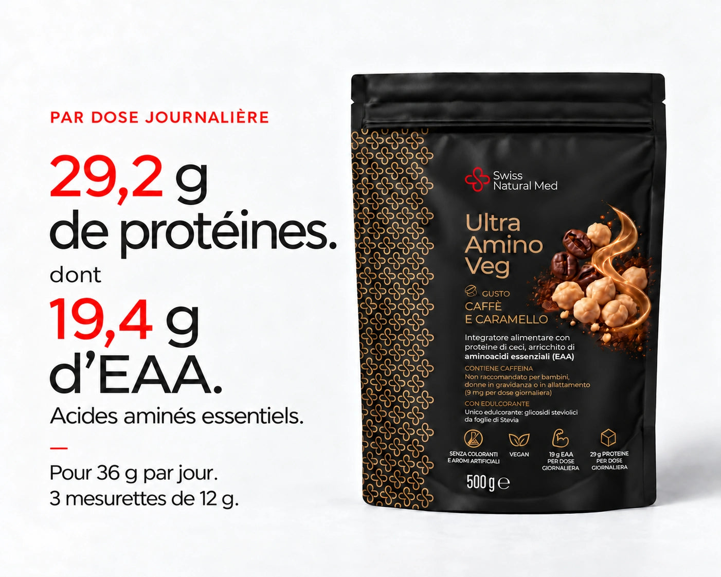 Ultra Amino Veg : 29,2 g de protéines. dont 19,4 g d’EAA. Acides aminés essentiels. Pour 36 g par jour. 3 mesurettes de 12 g.