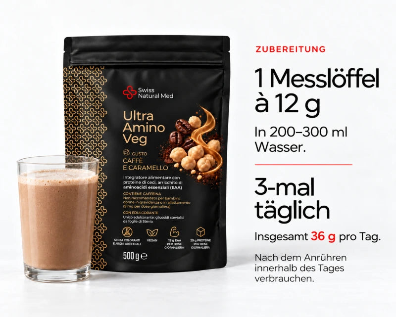 Ultra Amino Veg: 1 Messlöffel à 12 g in 200–300 ml Wasser, dreimal täglich, insgesamt 36 g.