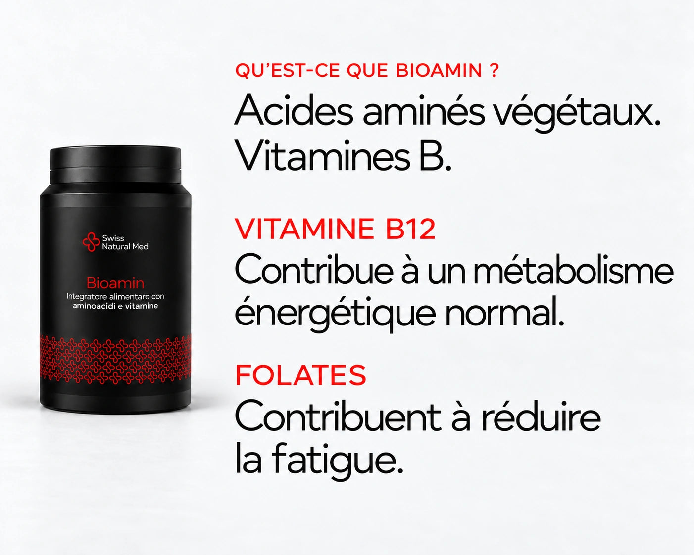 Bioamin : acides aminés végétaux et vitamines B. La vitamine B12 contribue à un métabolisme énergétique normal et les folates contribuent à réduire la fatigue.