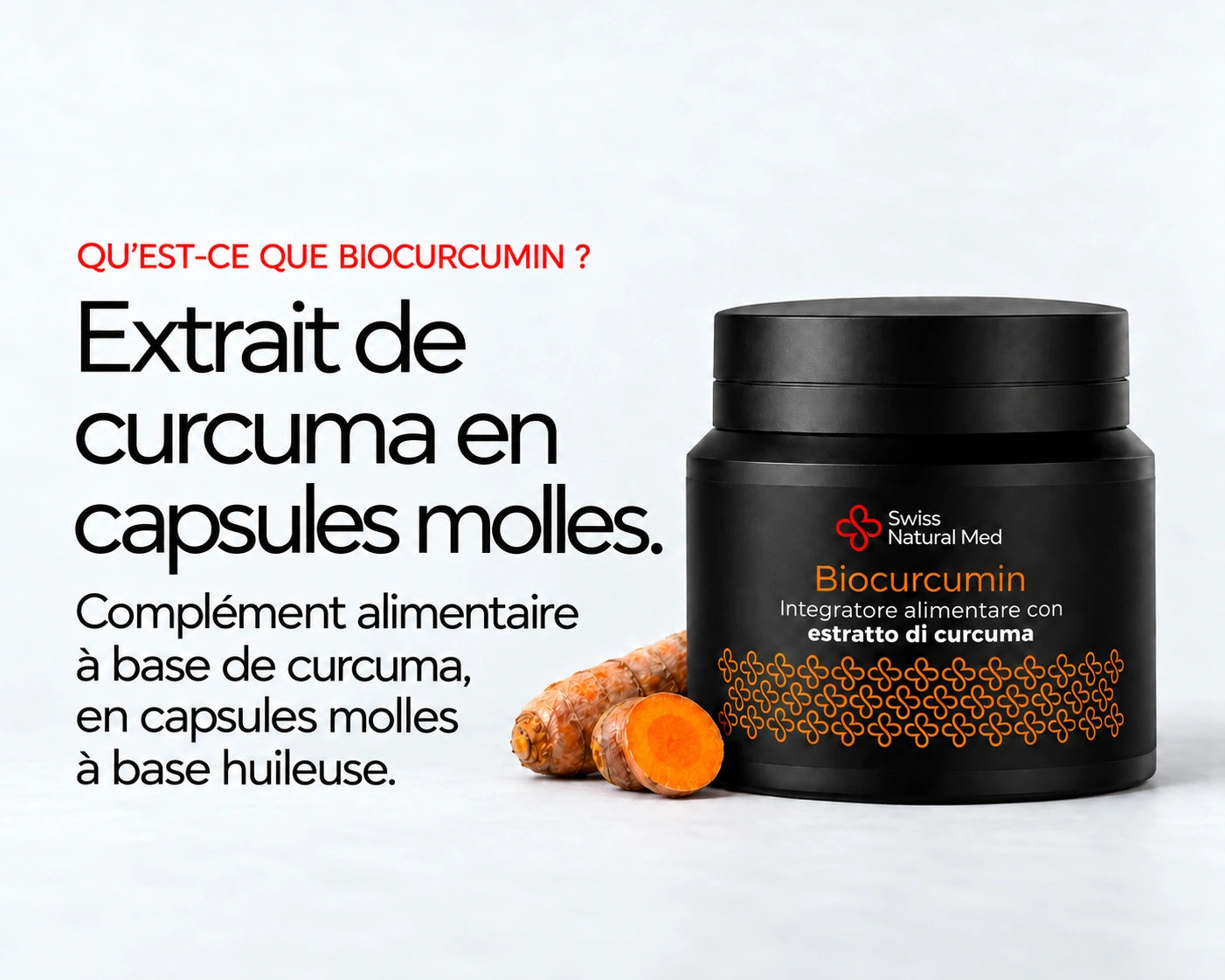 Biocurcumin : Extrait de curcuma en capsules molles. Complément alimentaire à base de curcuma, en capsules molles à base huileuse.